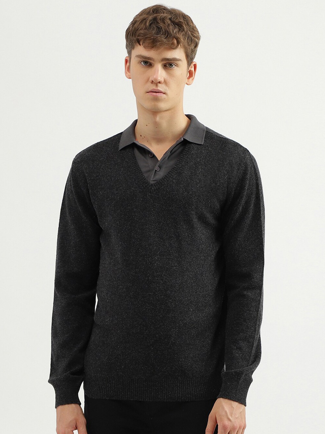 

United Colors of Benetton V-Neck Ribbed Pullover Sweater, Charcoal