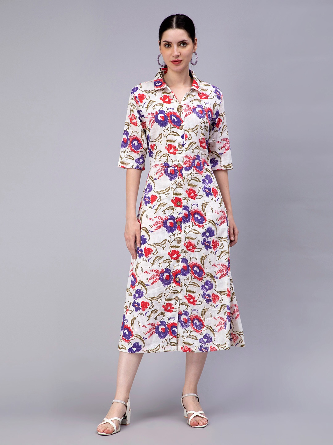 

ENTELLUS Floral Printed Shirt Collar Cotton Shirt Midi Dress, White