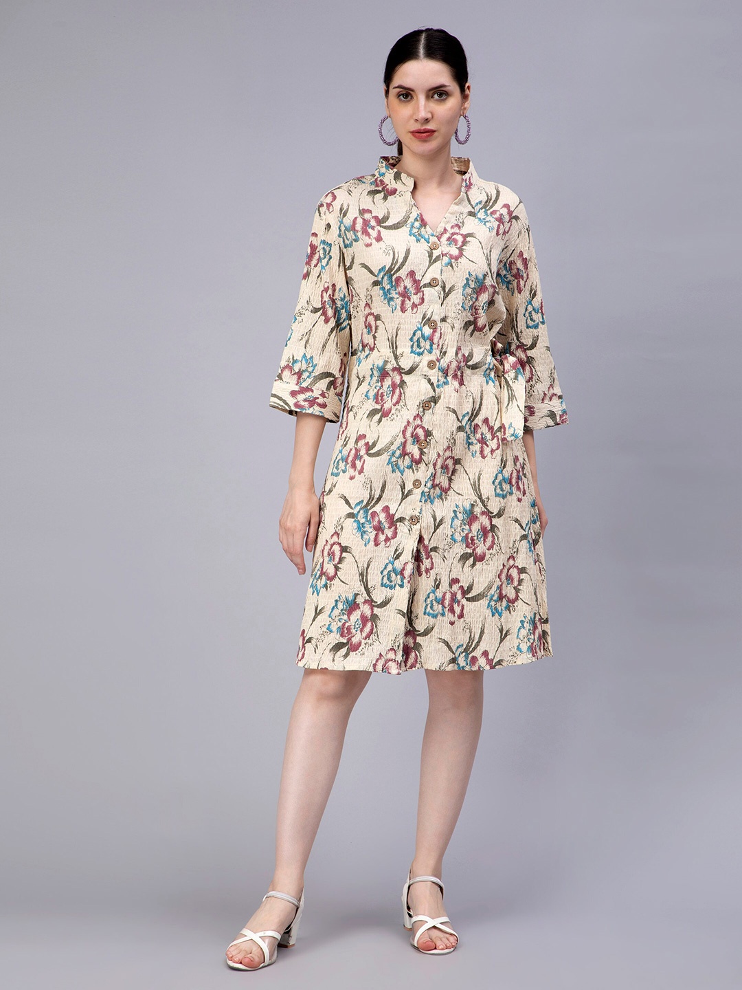 

ENTELLUS Floral Printed Mandarin Collar Smocked Cotton Shirt Dress, Off white