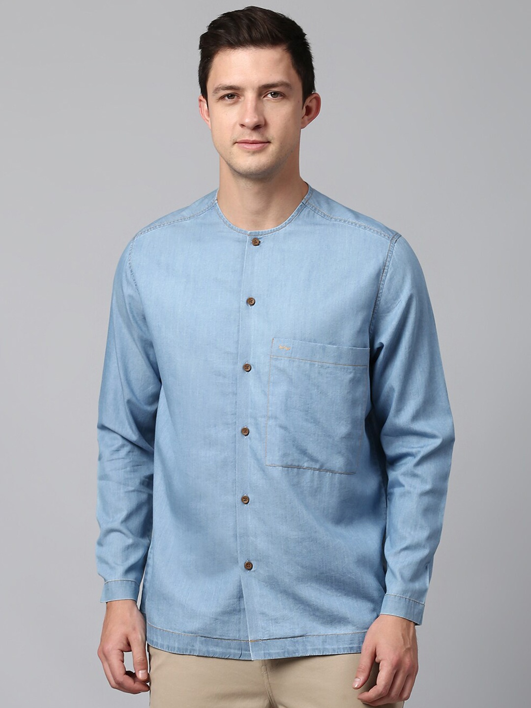 

Slowave Comfort Mandarin Collar Cotton Casual Shirt, Blue