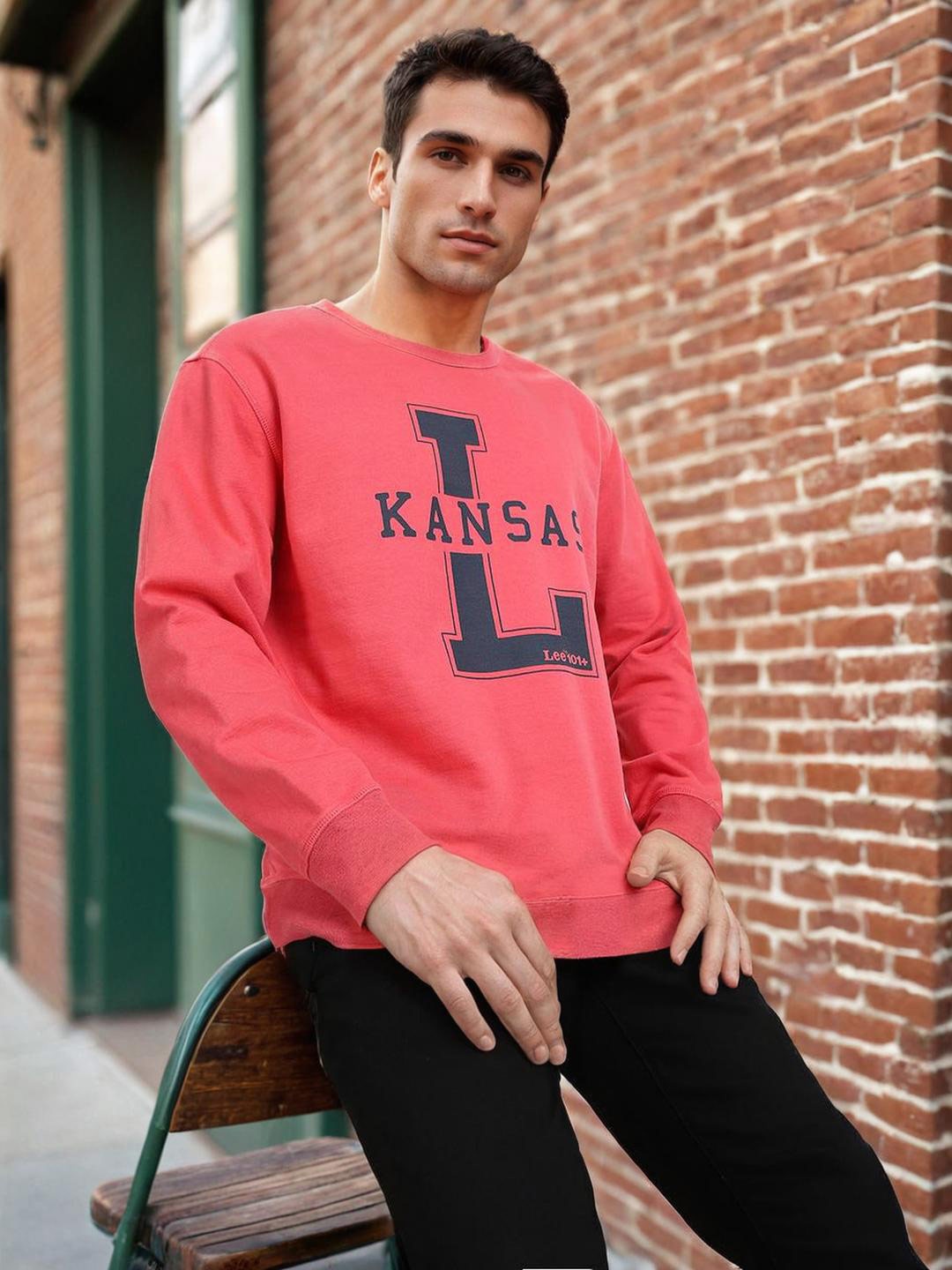 

Lee Typography Printed Round Neck Cotton Pullover Sweatshirt, Red