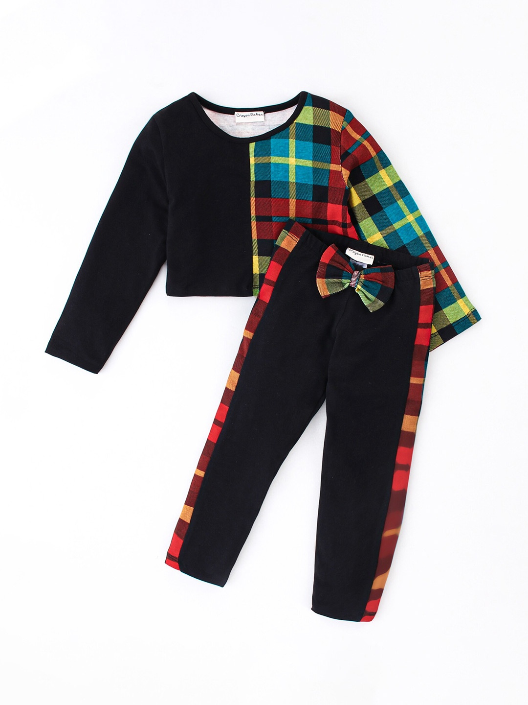 

CrayonFlakes Girls Checked Pure Cotton Top With Trousers, Black