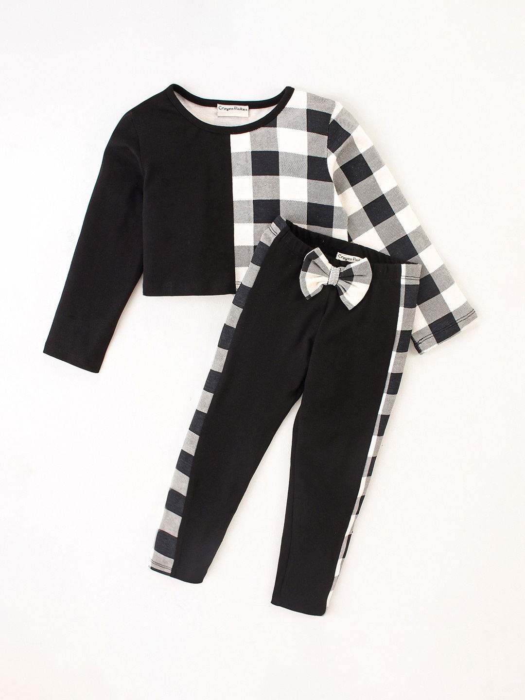 

CrayonFlakes Girls Checked Pure Cotton Top With Trousers, Black
