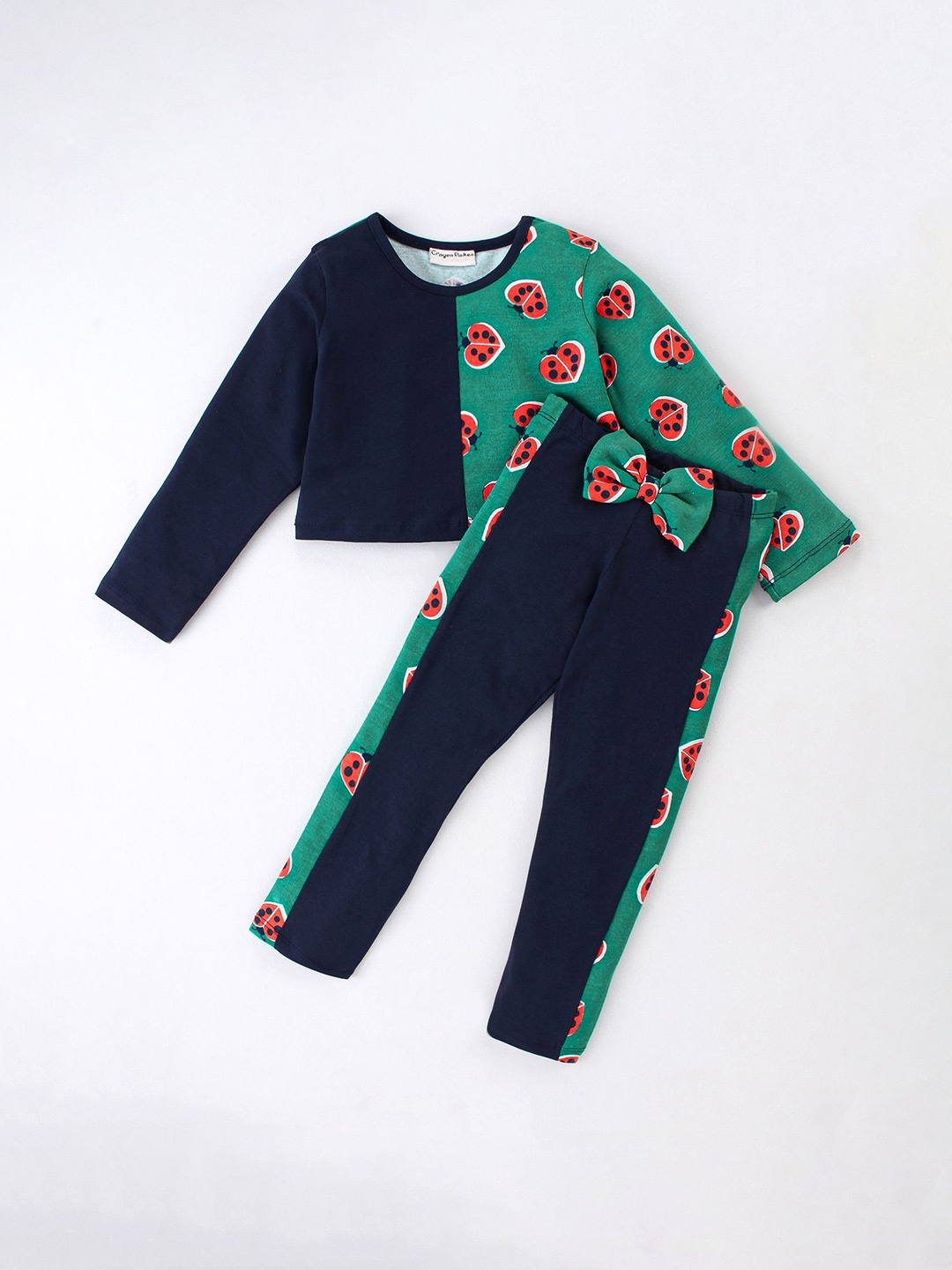 

CrayonFlakes Girls Printed Pure Cotton Top With Trousers, Navy blue