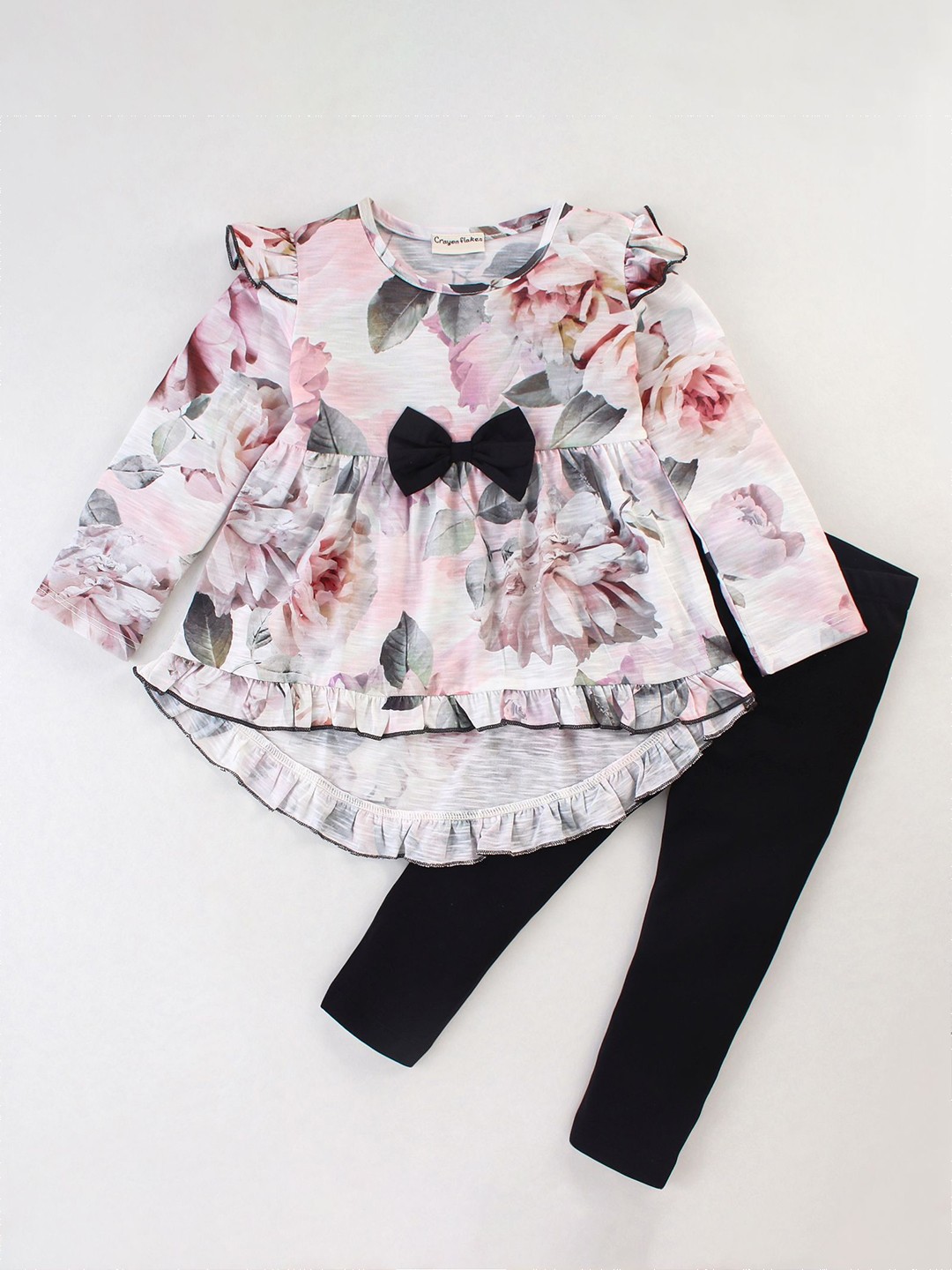 

CrayonFlakes Girls Floral Printed High Low Top With Leggings, Off white