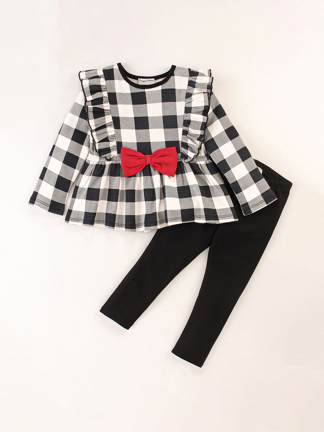 

CrayonFlakes Girls Checked Pure Cotton Tunic with Leggings, Black
