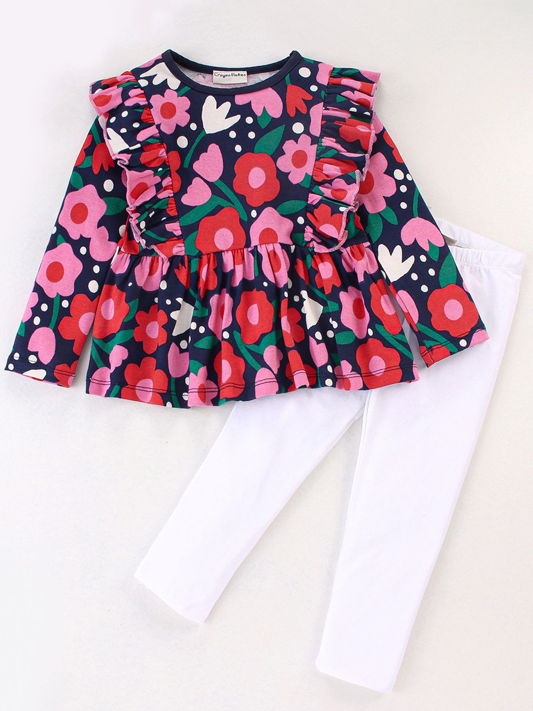 

CrayonFlakes Girls Floral Printed Pure Cotton Tunic with Leggings, Blue