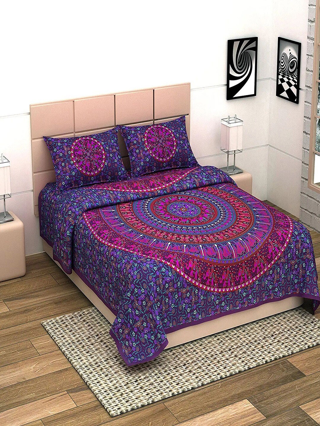 

UNIQCHOICE Purple & Pink Ethnic Motifs Cotton 144 TC King Bedsheet With 2 Pillow Covers