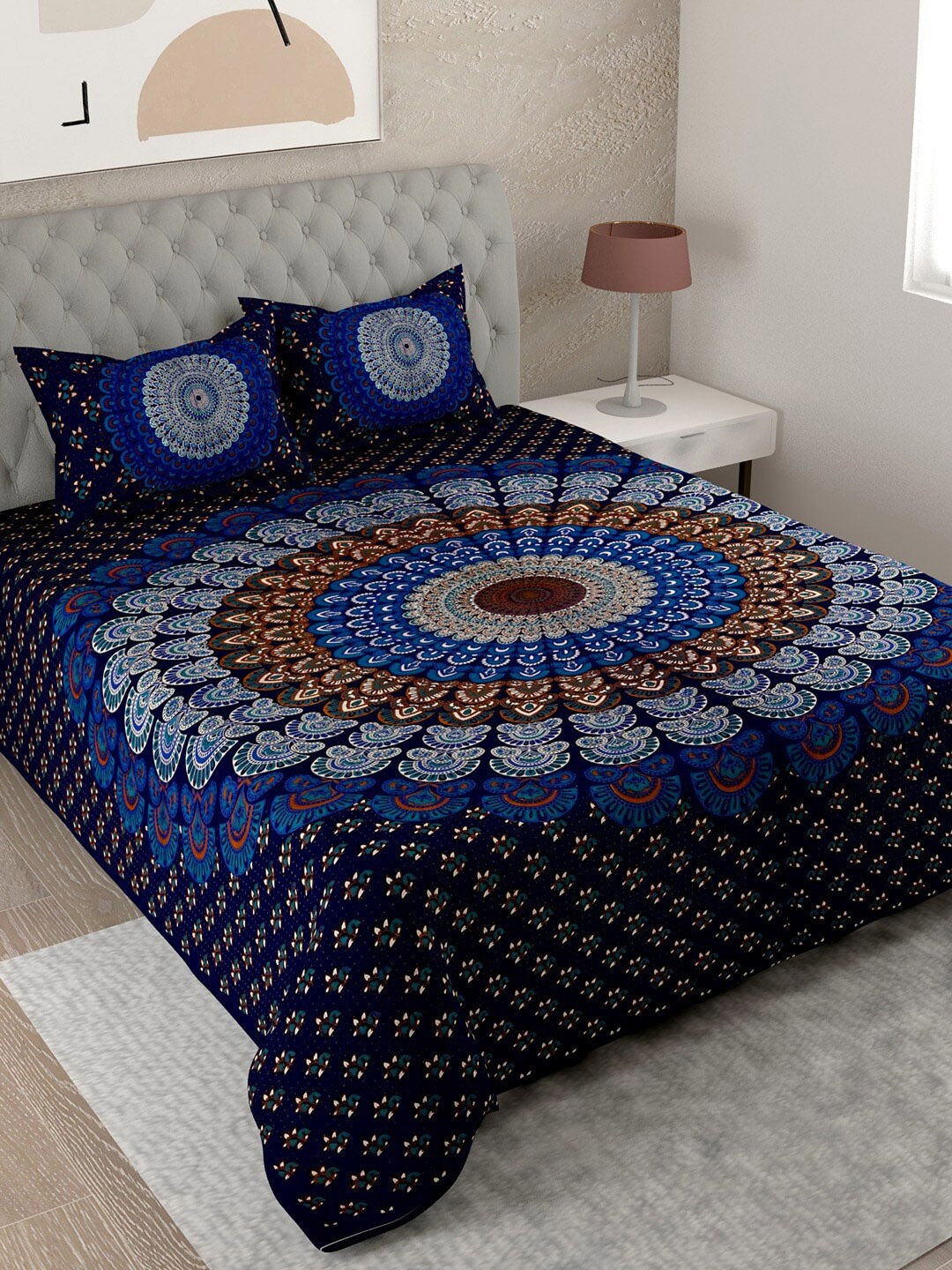 

UNIQCHOICE Blue & Red Ethnic Motifs Cotton 144 TC King Bedsheet With 2 Pillow Covers