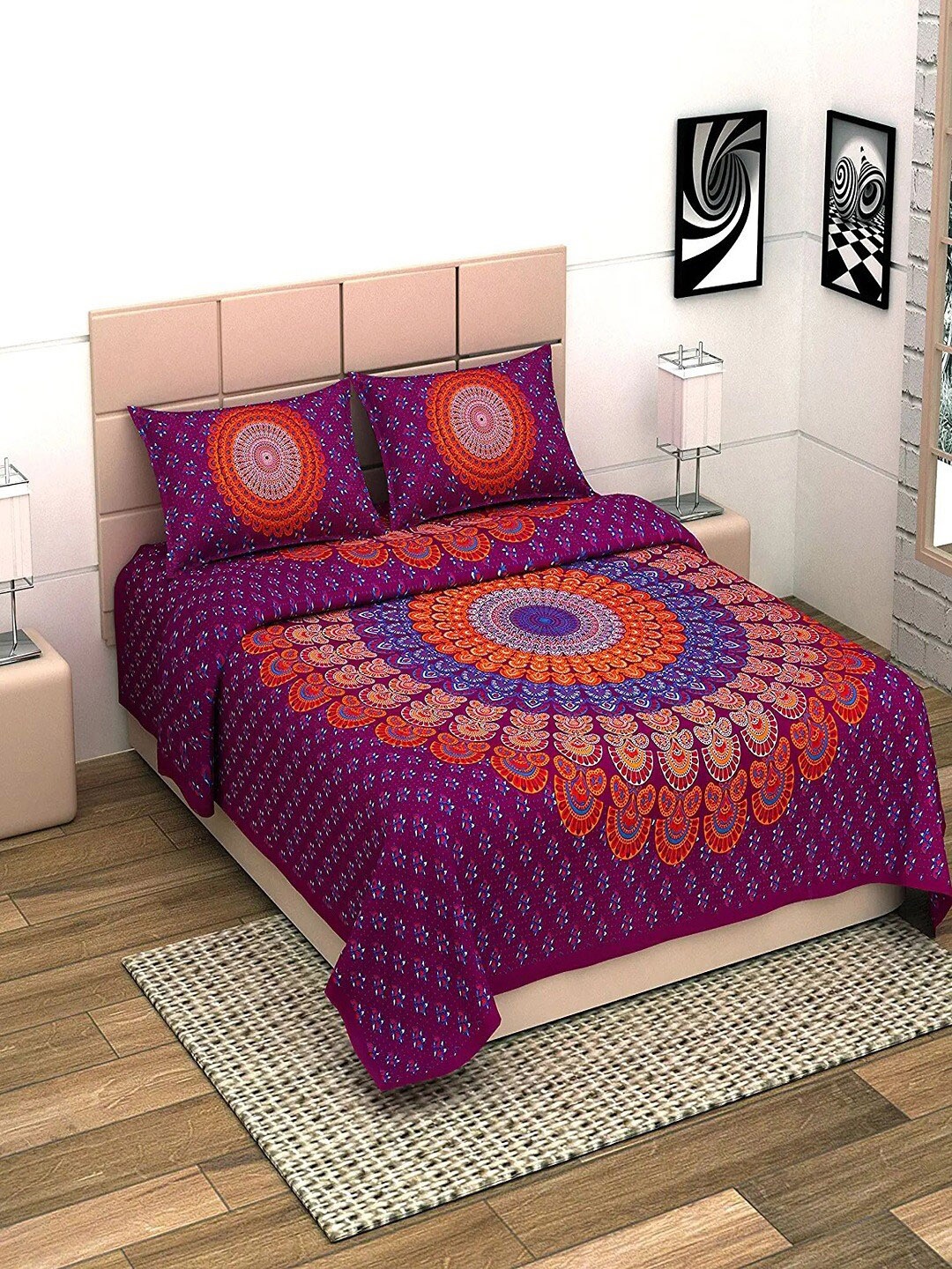 

UNIQCHOICE Maroon & Blue Floral Cotton 144 TC King Bedsheet With 2 Pillow Covers