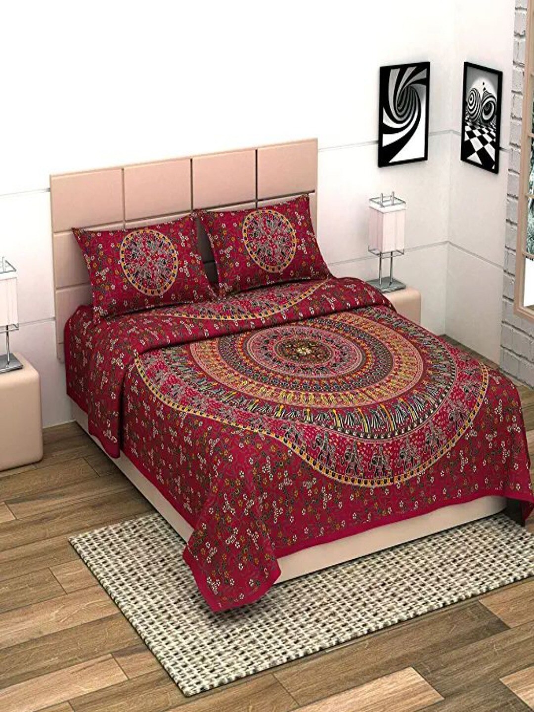 

UNIQCHOICE Red & Brown Ethnic Motifs Cotton 144 TC King Bedsheet With 2 Pillow Covers