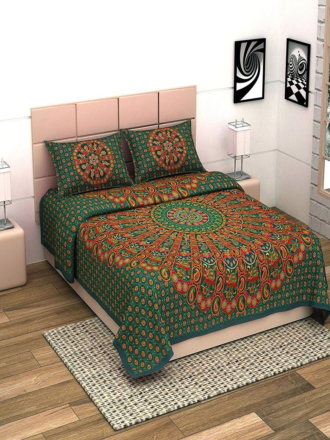 

UNIQCHOICE Green & Orange Ethnic Motifs Cotton 144 TC King Bedsheet With 2 Pillow Covers