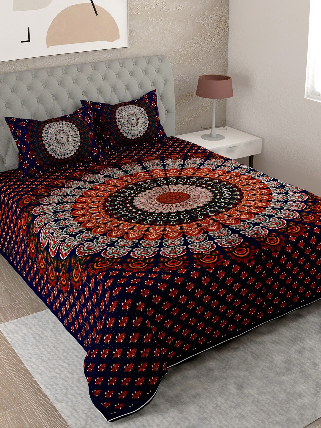 

UNIQCHOICE Blue & Red Ethnic Motifs Cotton 144 TC King Bedsheet With 2 Pillow Covers