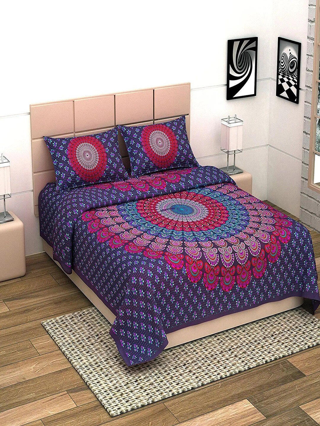 

UNIQCHOICE Purple & Pink Printed Cotton 144 TC King Bedsheet with 2 Pillow Covers