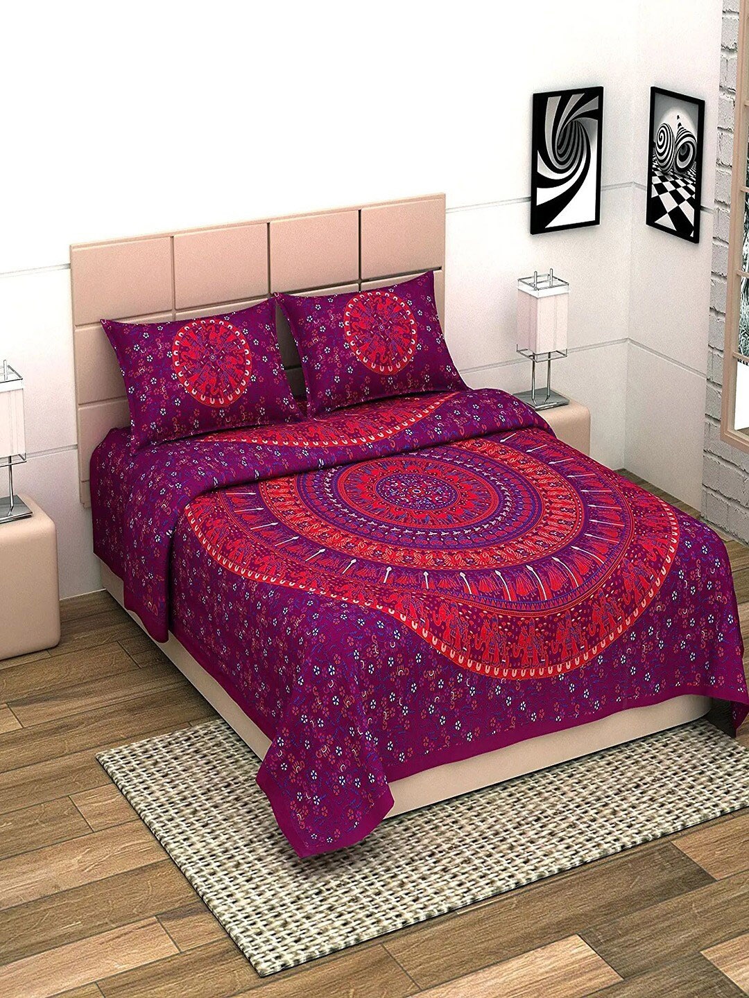 

UNIQCHOICE Peach & Maroon Printed Cotton 144 TC King Bedsheet with 2 Pillow Covers