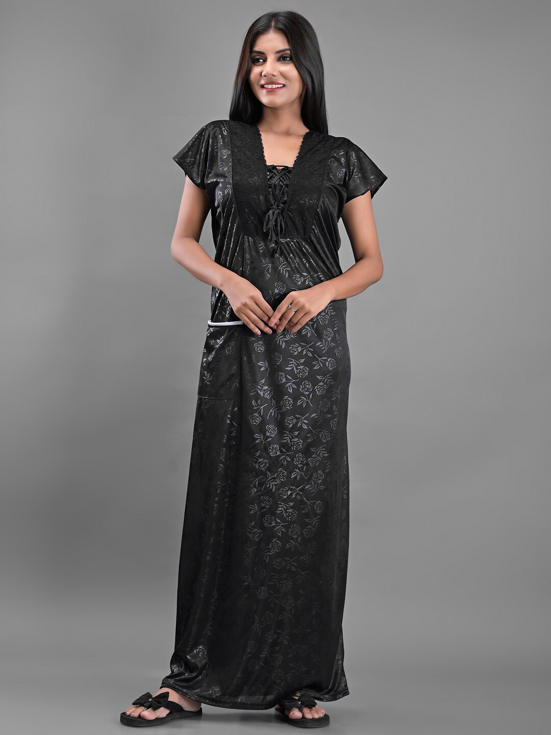 

Apratim Printed Satin Maxi Nightdress, Black