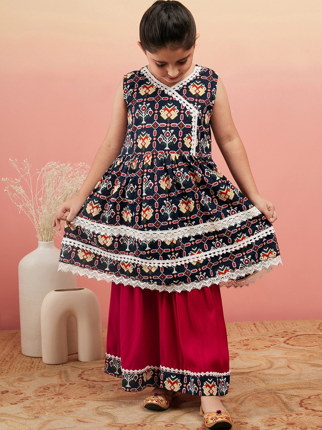 

Sangria Girls Ethnic Motifs Printed Pure Cotton Gotta Patti Angrakha Kurta With Sharara, Blue