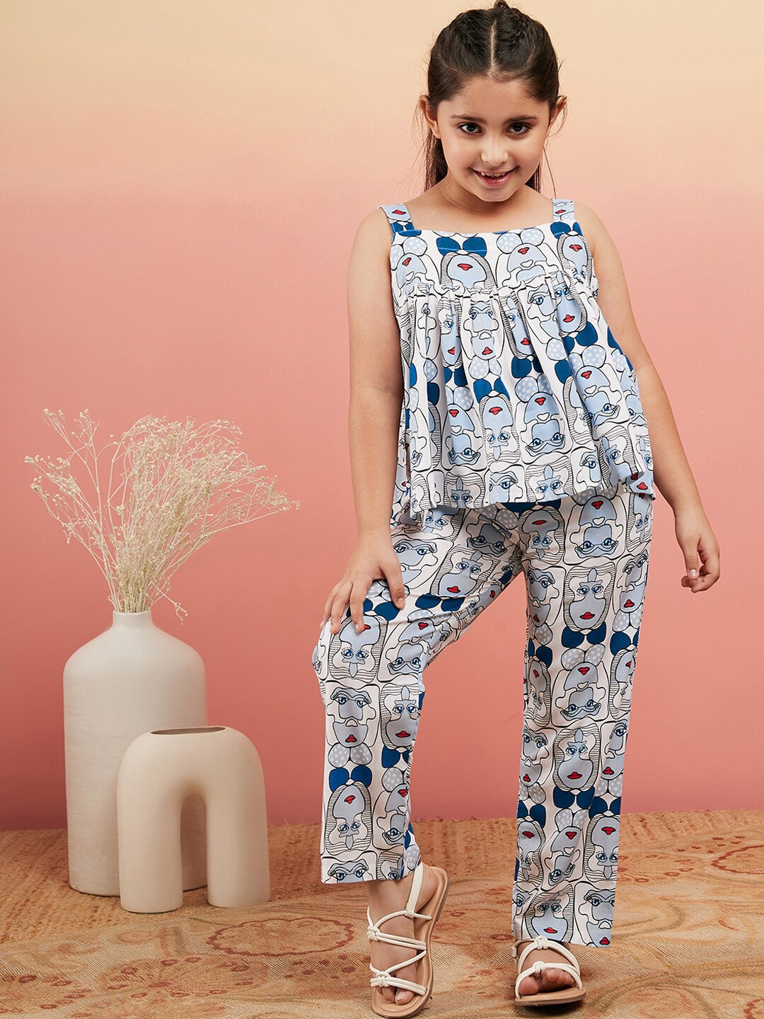 

Sangria Girls Printed Top with Trousers, Blue