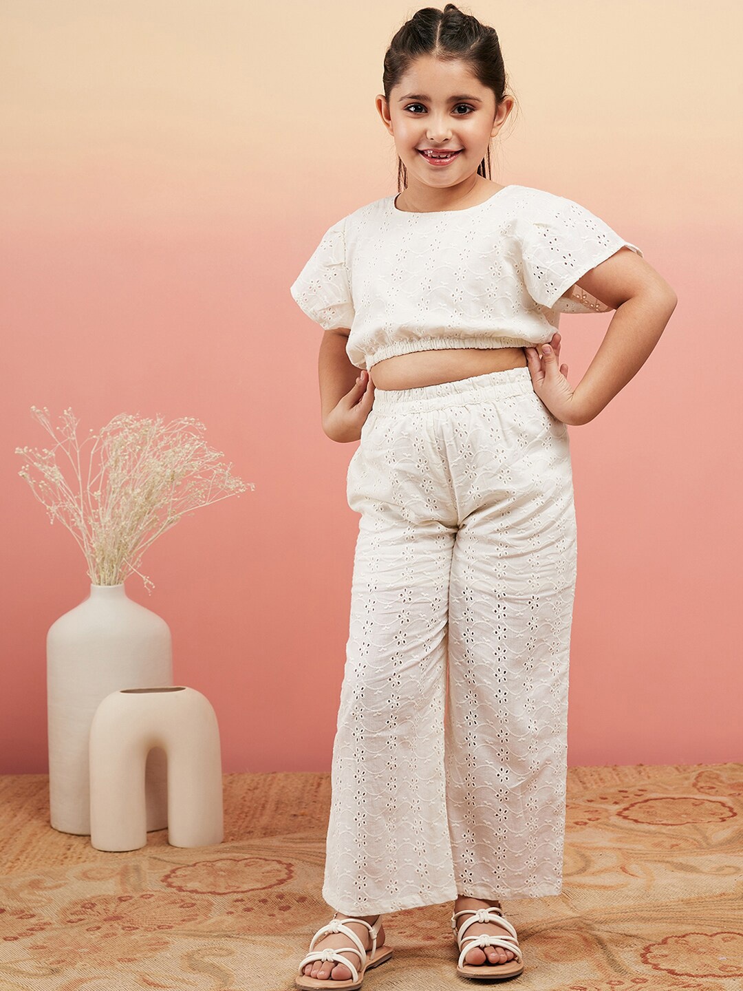 

Sangria Girls White Self Design Pure Cotton Crop Top With Palazzo Clothing Set