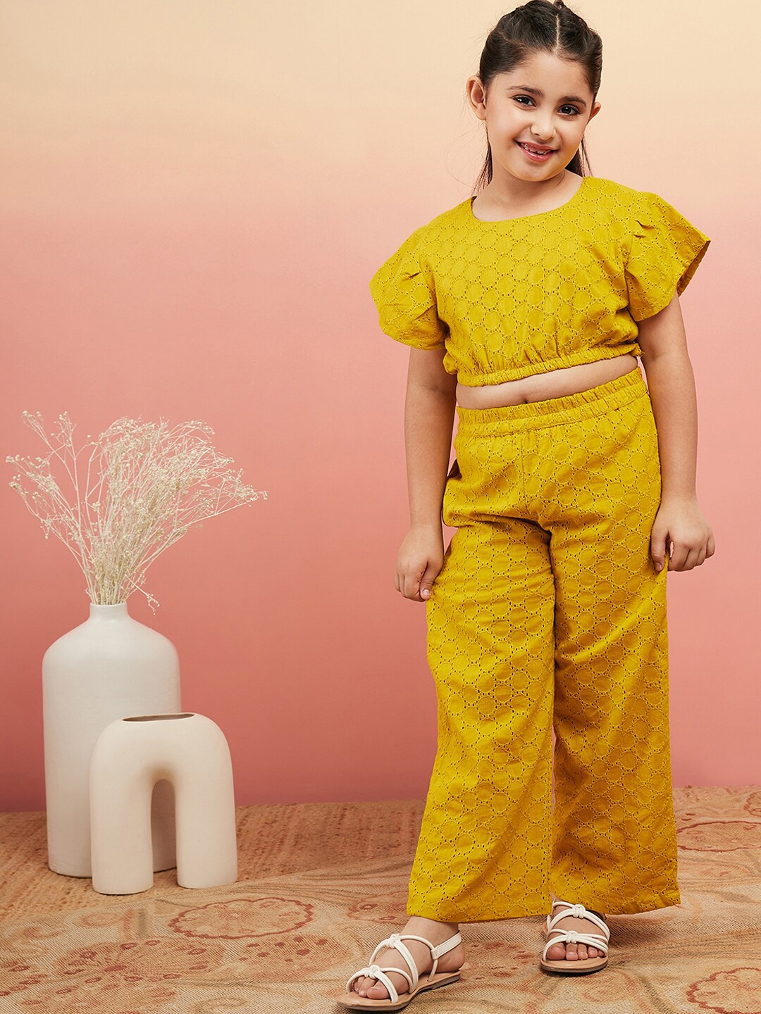 

Sangria Girls Pure Cotton Schiffli Crop Top with Palazzo, Mustard