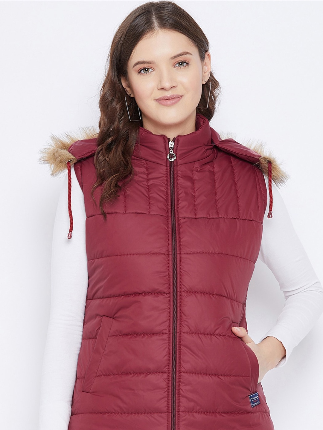 

VERO AMORE Hooded Sleeveless Faux Fur Trim Parka Jacket, Maroon