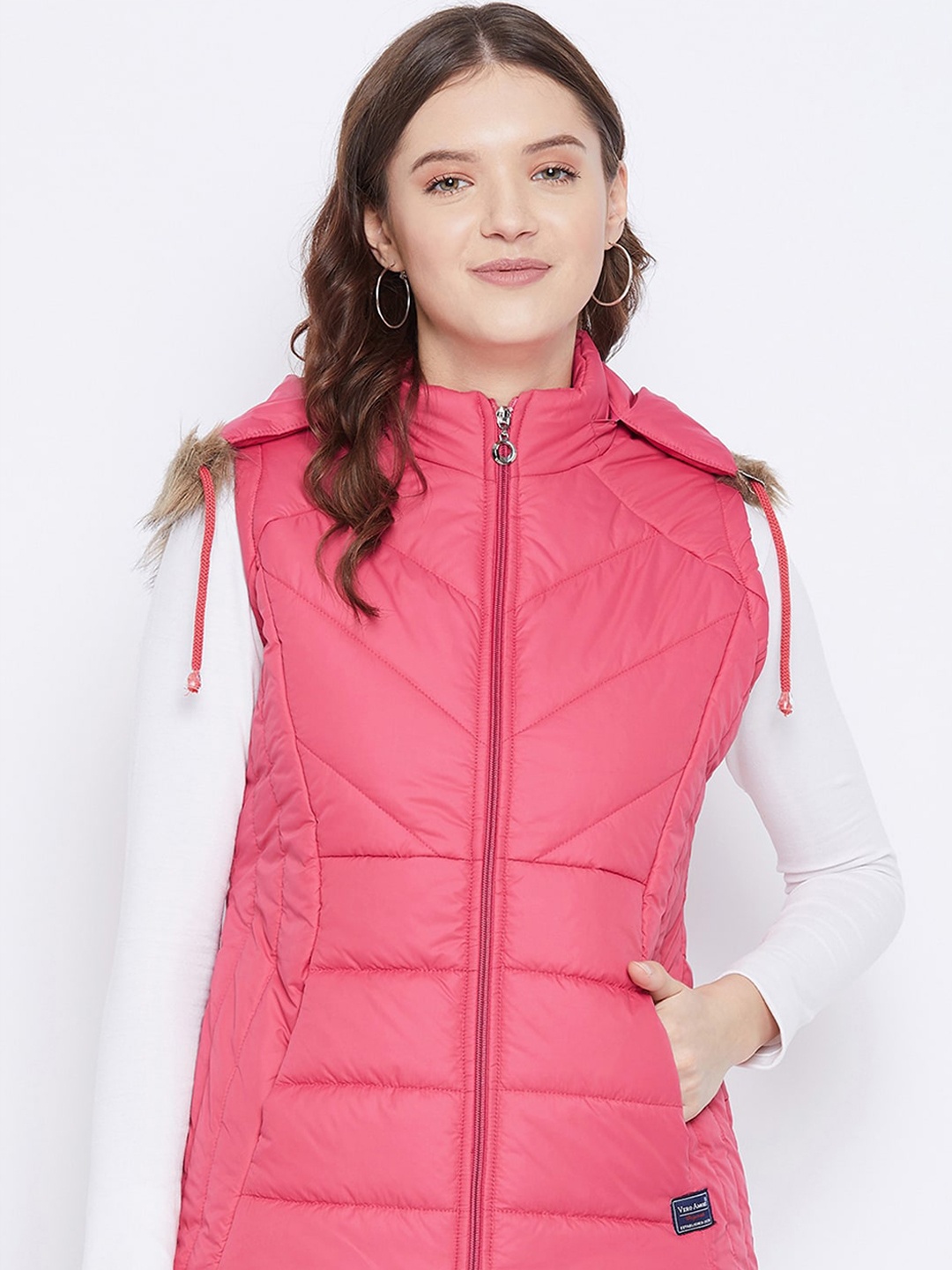 

VERO AMORE Faux Fur Trim Hooded Sleeveless Padded Jacket, Pink