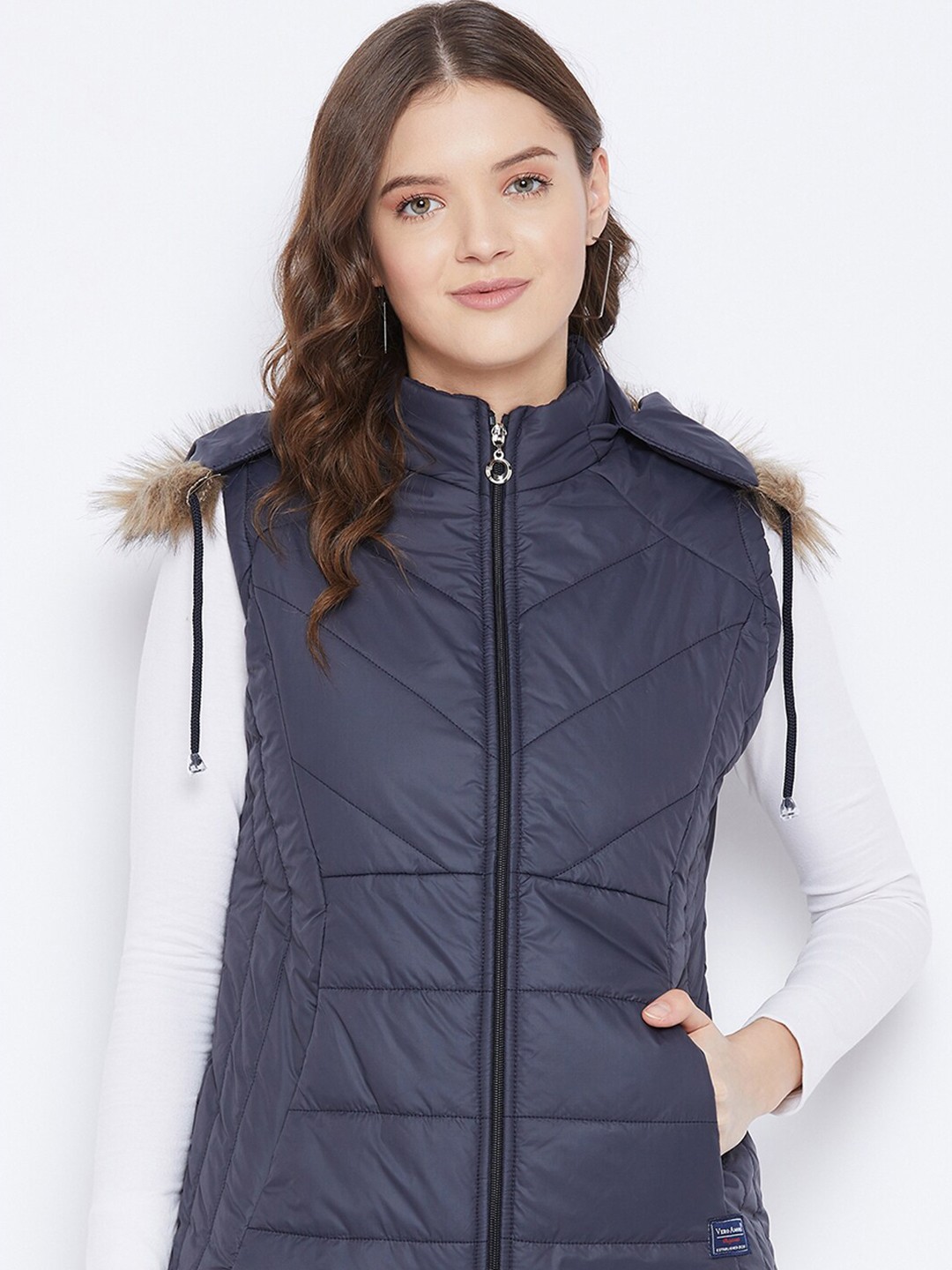 

VERO AMORE Faux Fur Trim Hooded Sleeveless Padded Jacket, Navy blue