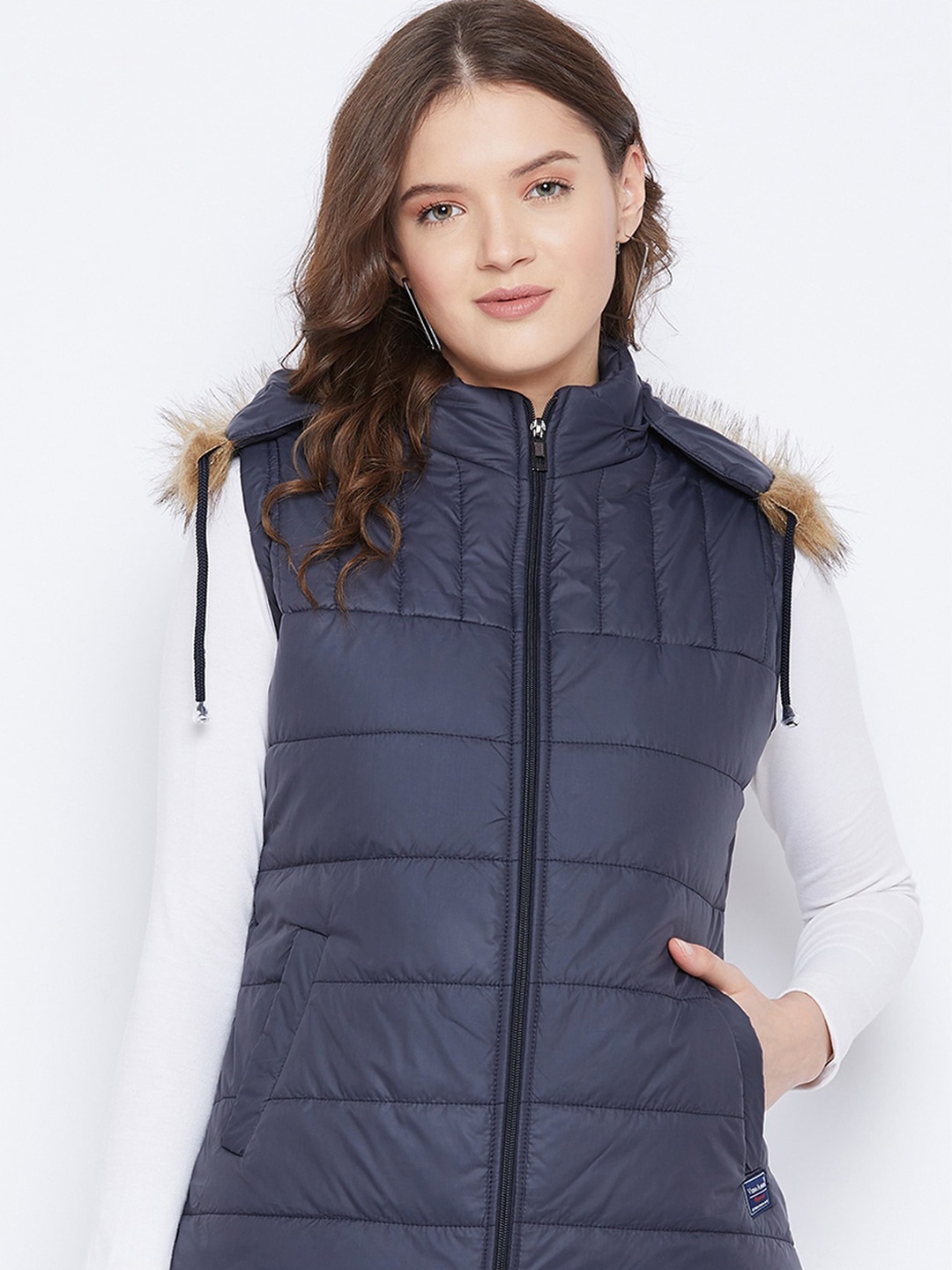 

VERO AMORE Faux Fur Trim Hooded Sleeveless Padded Jacket, Navy blue