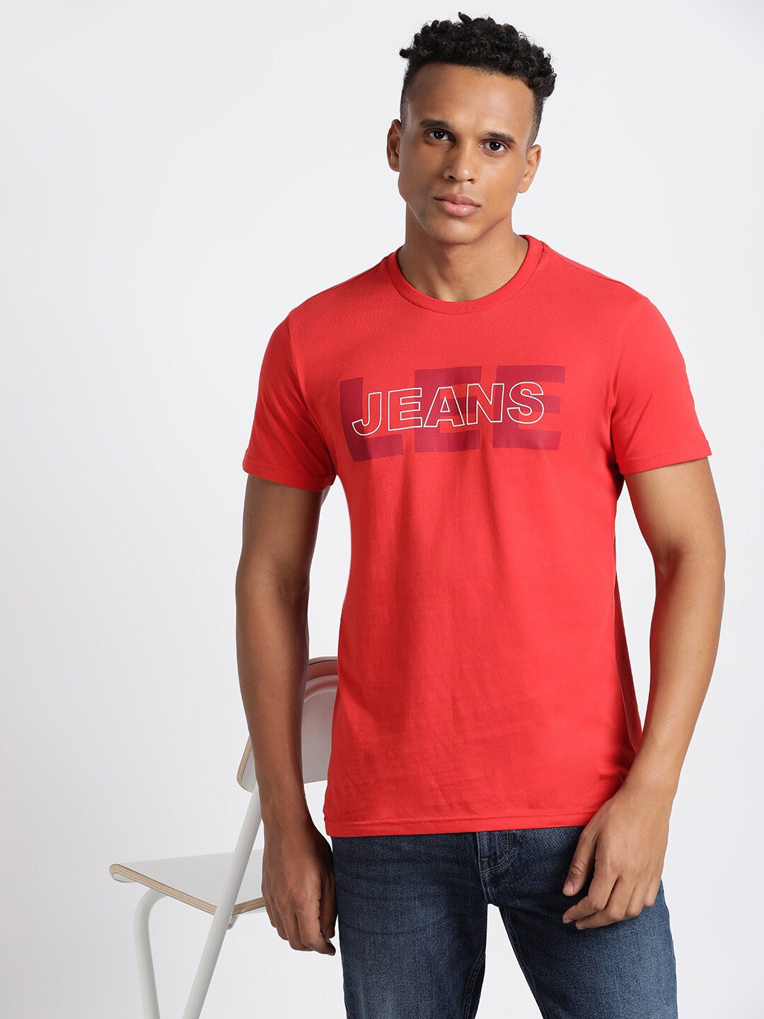 Lee Typography Printed Short Sleeves Cotton Slim Fit T-shirt, Red