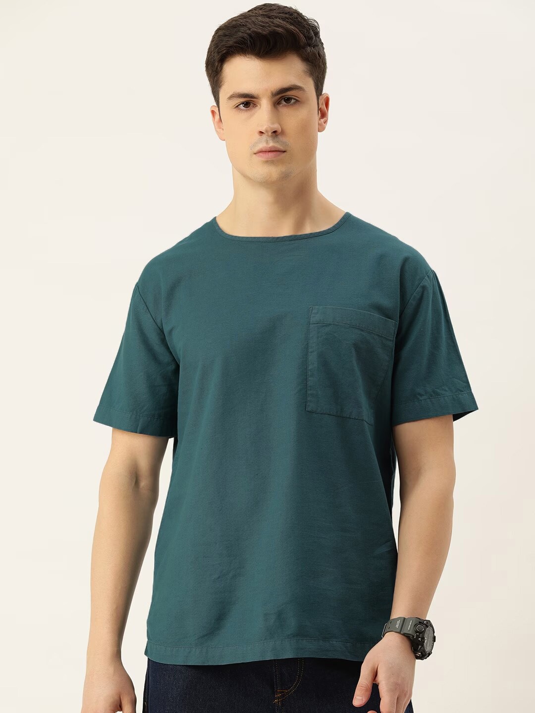 

Bene Kleed Dyed Cotton-Linen Woven Casual T-Shirt, Teal