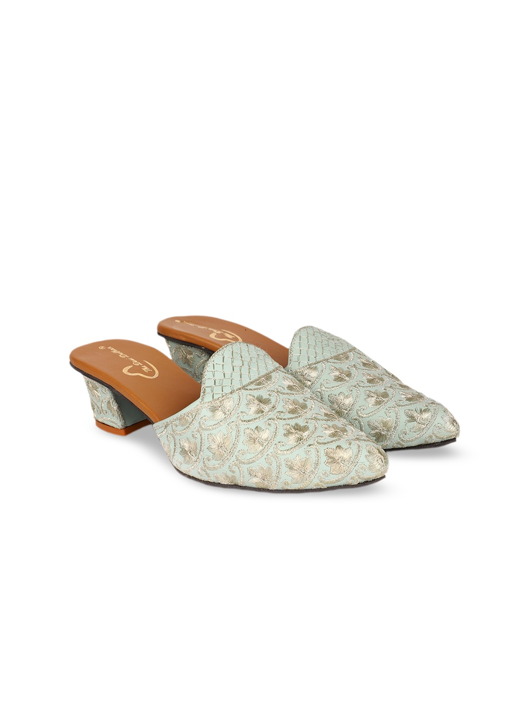 

The Desi Dulhan Pointed Toe Ethnic Embroidered Block Mules, Turquoise blue