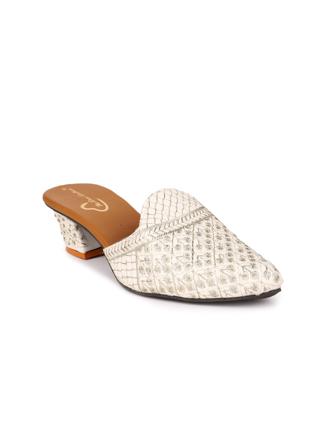 

The Desi Dulhan Pointed Toe Ethnic Embroidered Block Mules, White