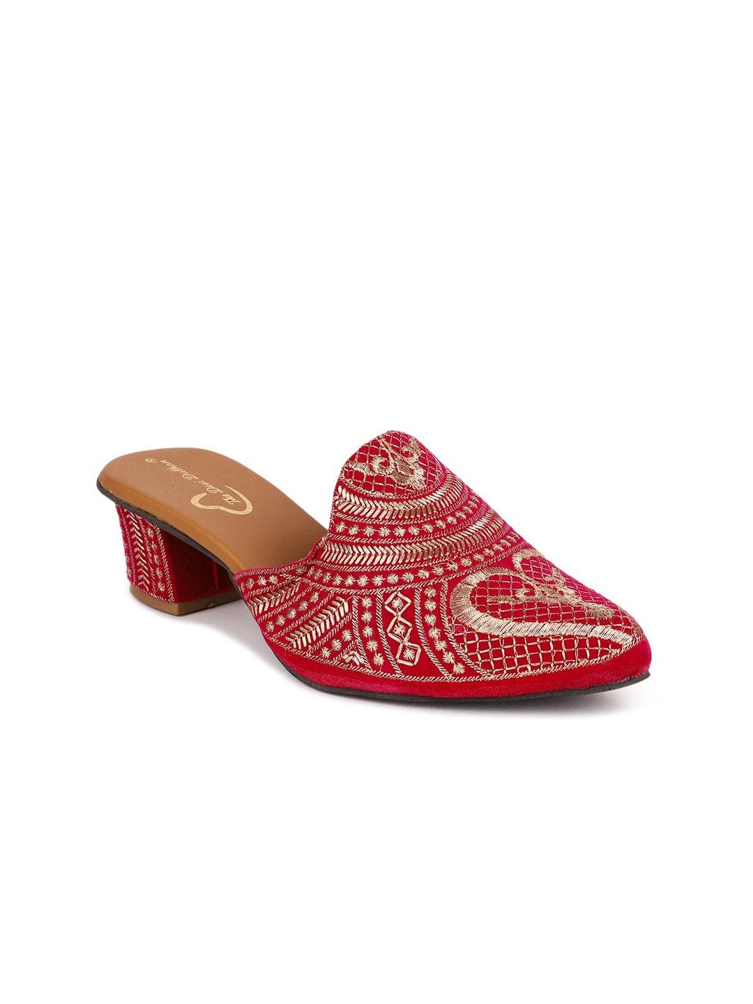 

The Desi Dulhan Pointed Toe Ethnic Embroidered Block Mules, Red
