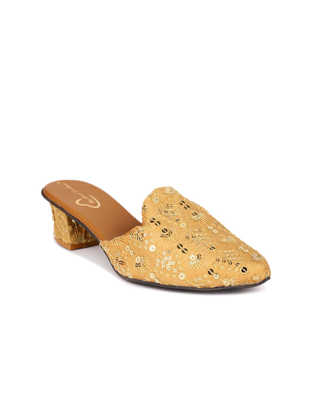 

The Desi Dulhan Pointed Toe Ethnic Embroidered Block Mules, Gold