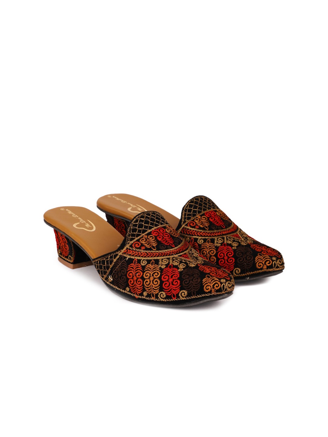 

The Desi Dulhan Pointed Toe Ethnic Embroidered Block Mules, Black