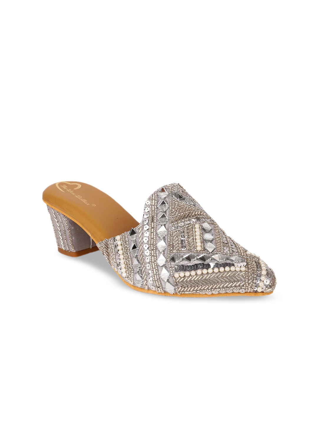 

The Desi Dulhan Embellished Block Heel Mules, Grey