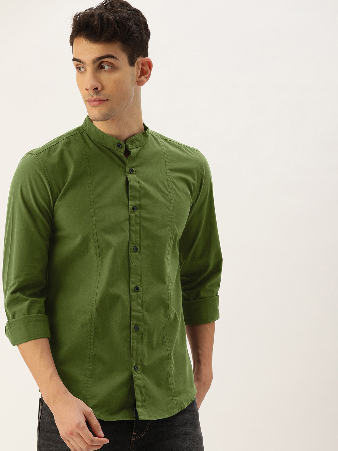 

IVOC Slim Fit Mandarin Collar Long Sleeve Pure Cotton Casual Shirt, Green