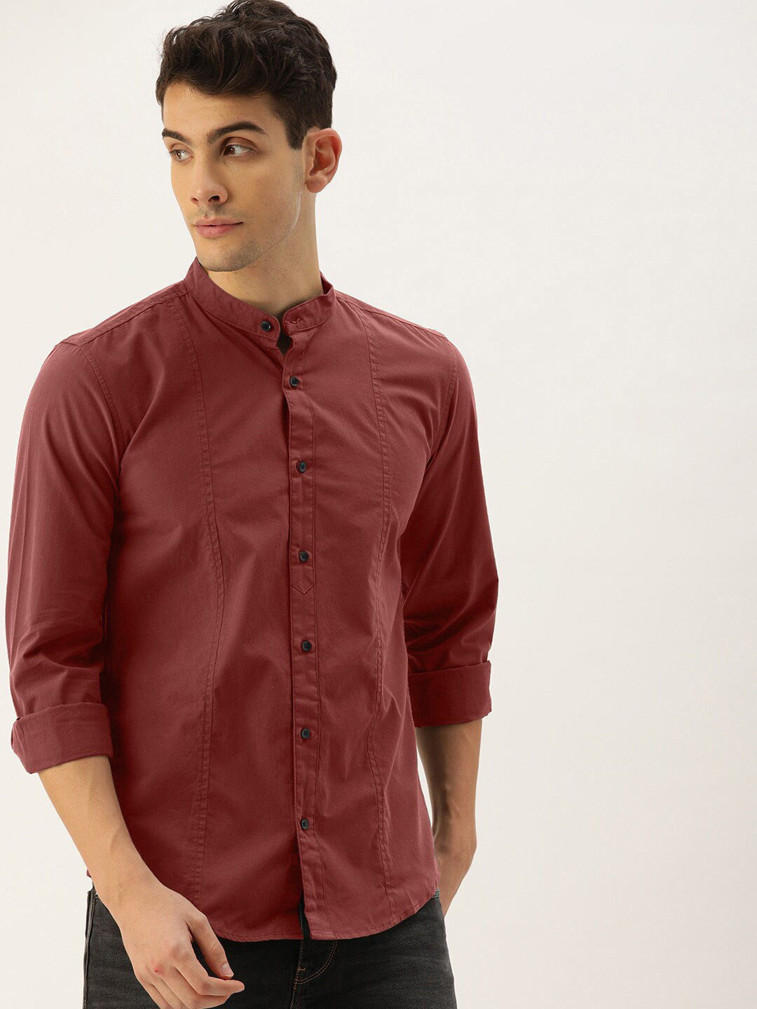 

IVOC Slim Fit Twill Mandarin Collar Long Sleeve Pure Cotton Casual Shirt, Rust
