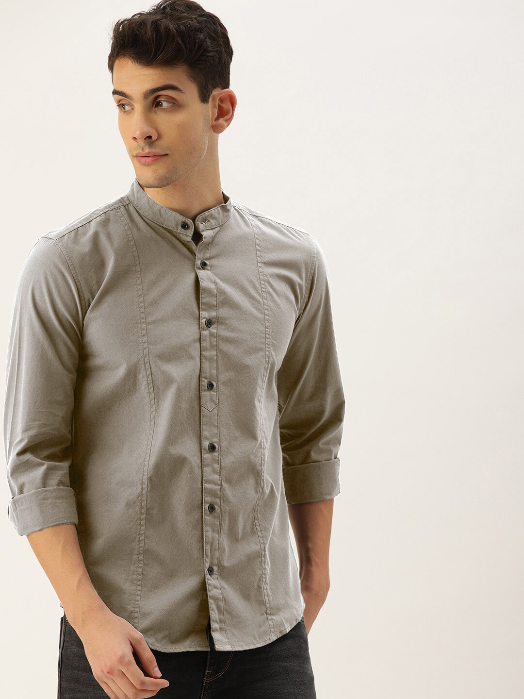 

IVOC Pure Cotton Slim Fit Mandarin Collar Casual Shirt, Grey