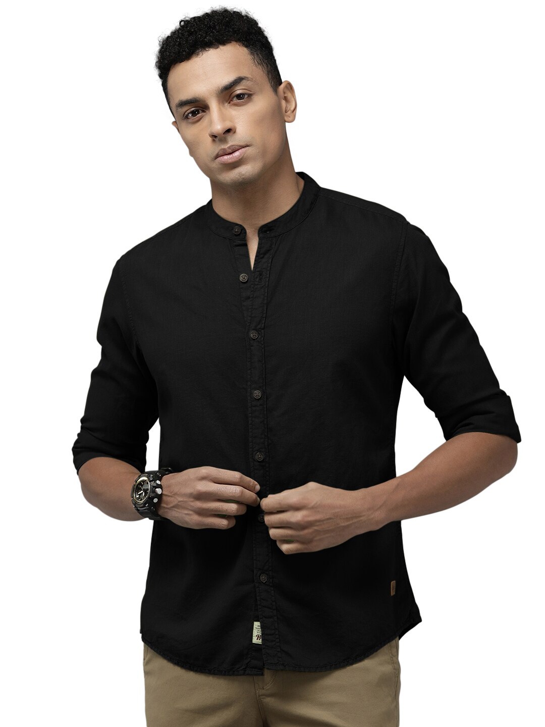 

Roadster Mandarin Collar Cotton Linen Casual Shirt, Black