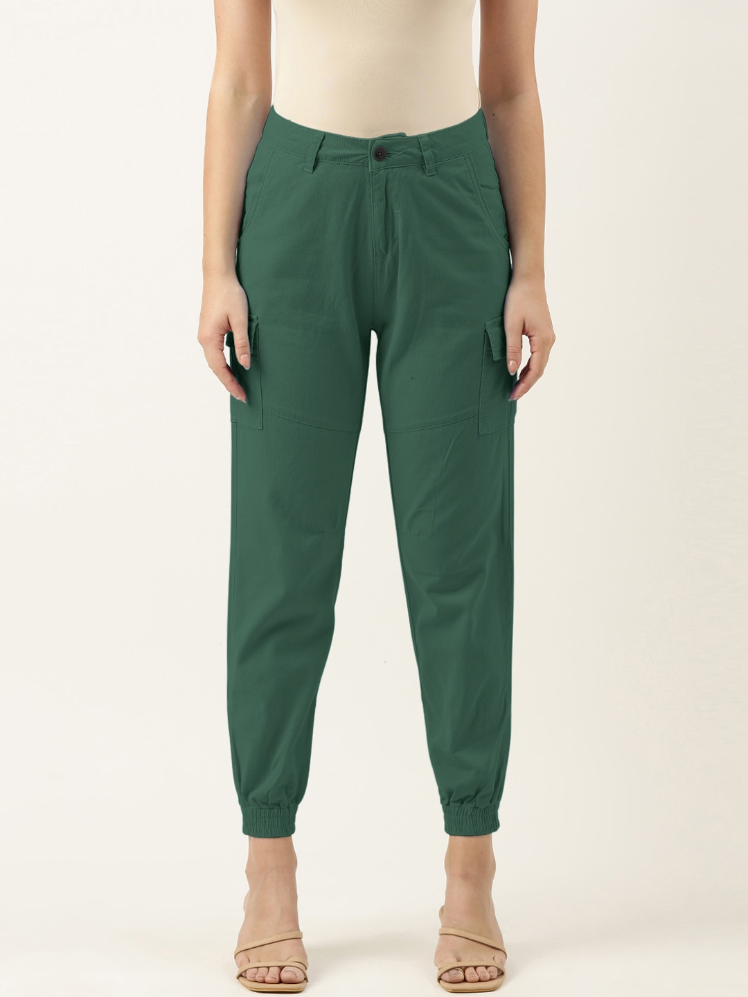 

IVOC Women Slim Fit Mid-Rise Pure Cotton Clean Look Cropped Cargo Joggers, Green