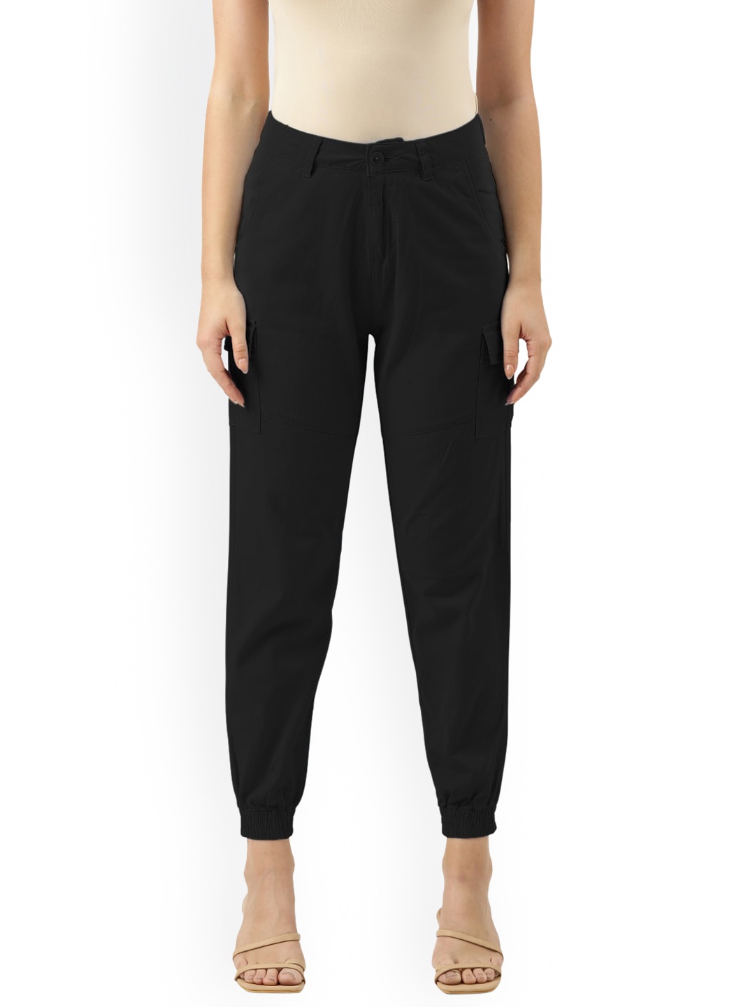 

IVOC Women Slim Fit Mid-Rise Clean Look Pure Cotton Cropped Cargo Jogger, Black