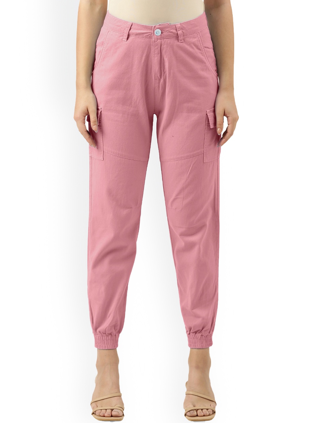 

IVOC Women Slim Fit Mid-Rise Pure Cotton Clean Look Cropped Cargo Joggers, Pink