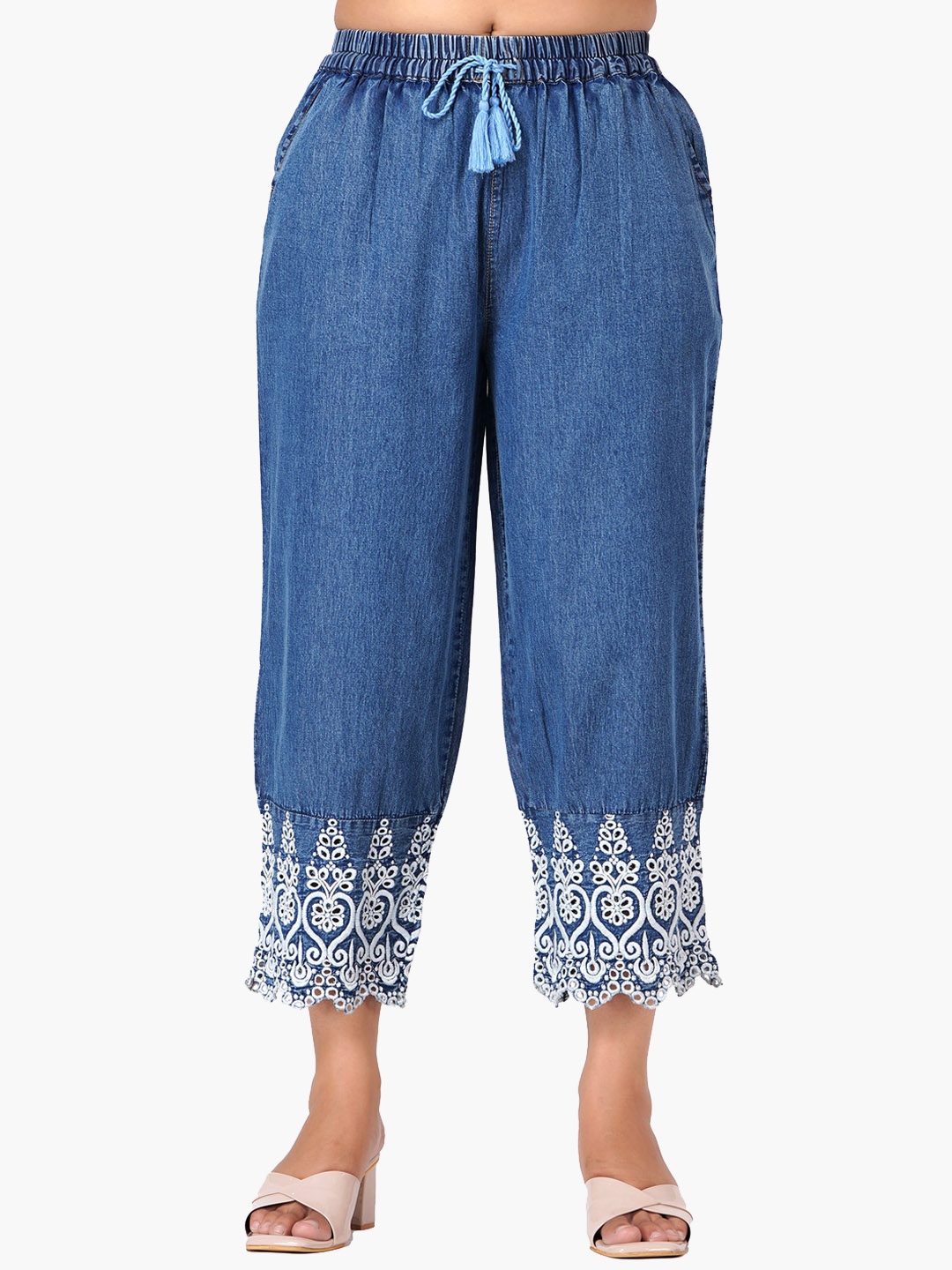

SUMAVI-FASHION Women Ethnic Motifs Embroidered Denim Culottes Trousers, Blue