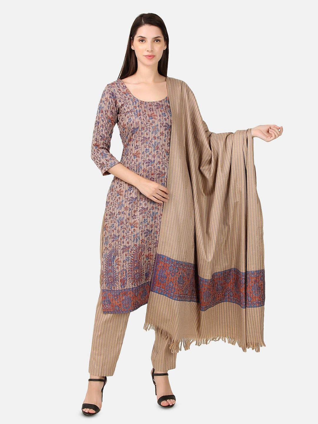 

FEMLOOM Ethnic Motifs Woven Design Unstitched Dress Material, Taupe
