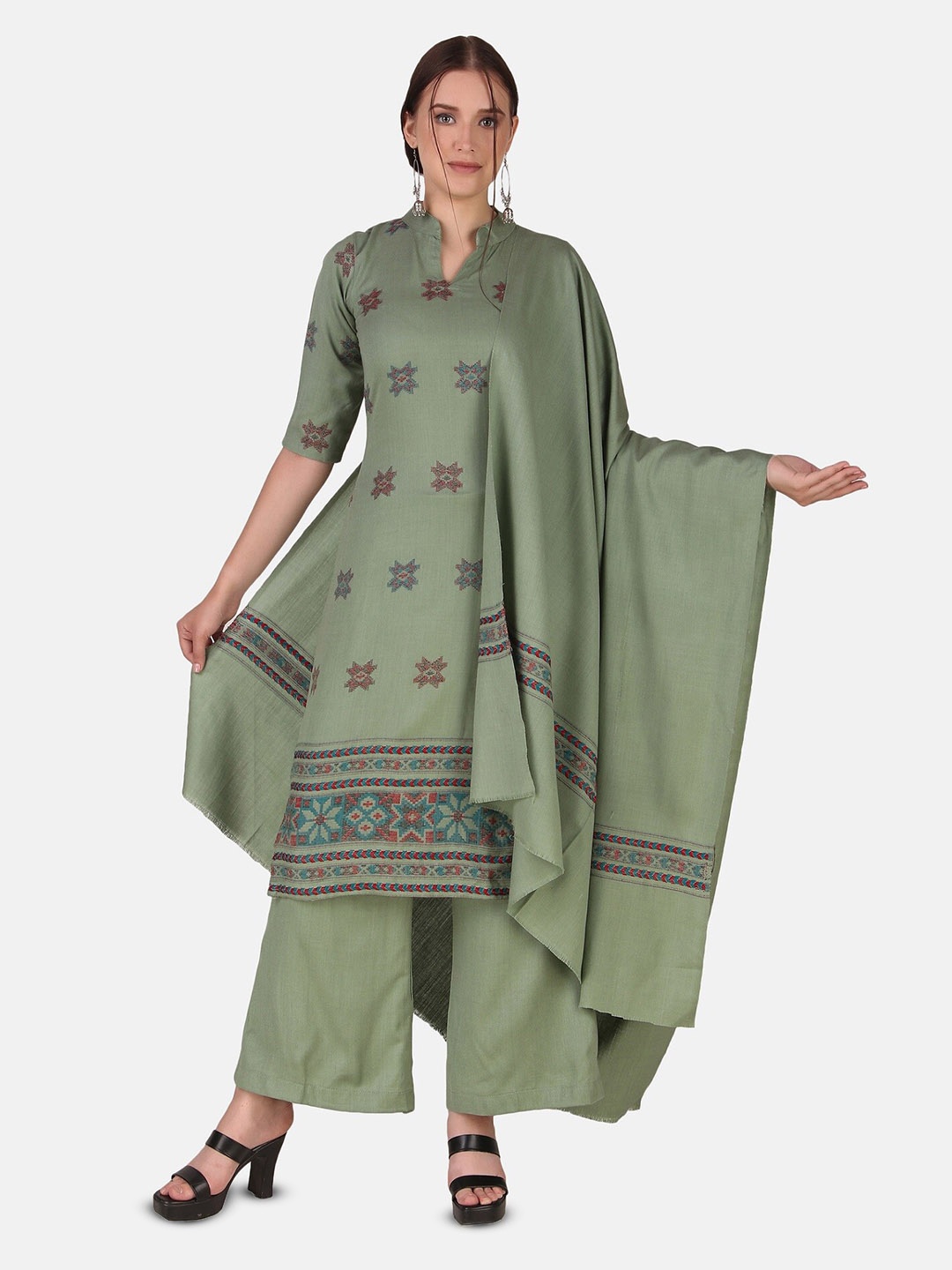 

FEMLOOM Ethnic Motifs Woven Design Unstitched Dress Material, Green