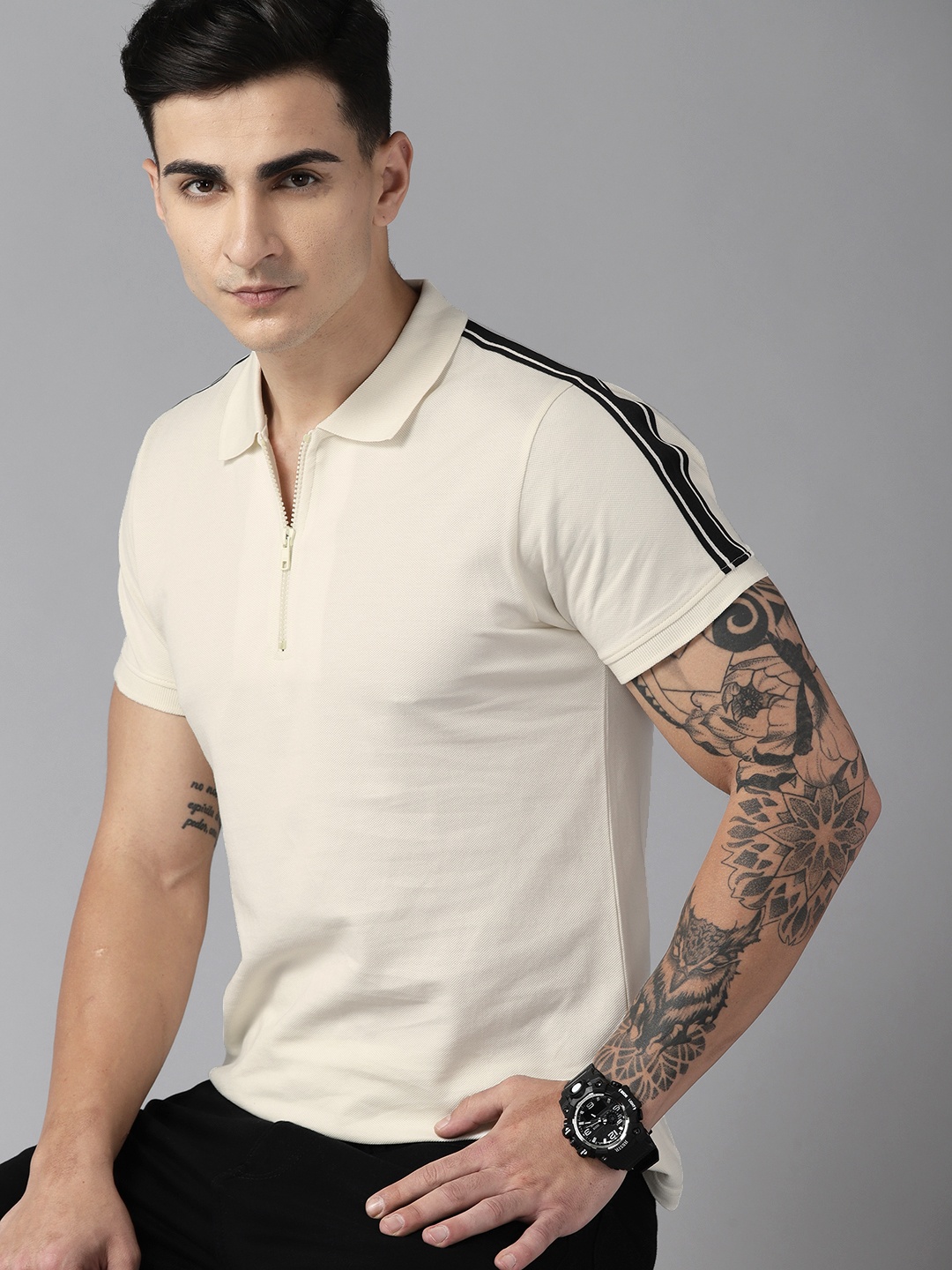 

Roadster Men Striped Polo Collar Pure Cotton T-shirt, Off white