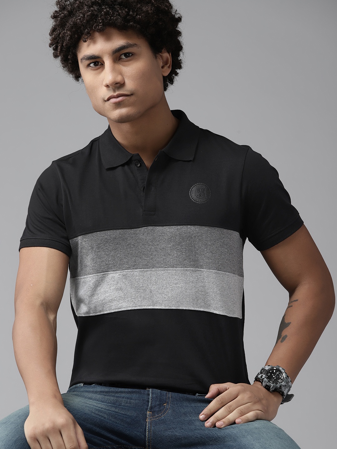 

Roadster Men Striped Polo Collar Pure Cotton T-shirt, Black
