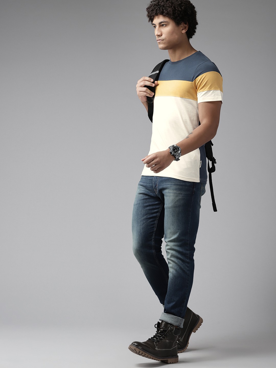 

Roadster Men Colourblocked Pure Cotton T-shirt, Navy blue