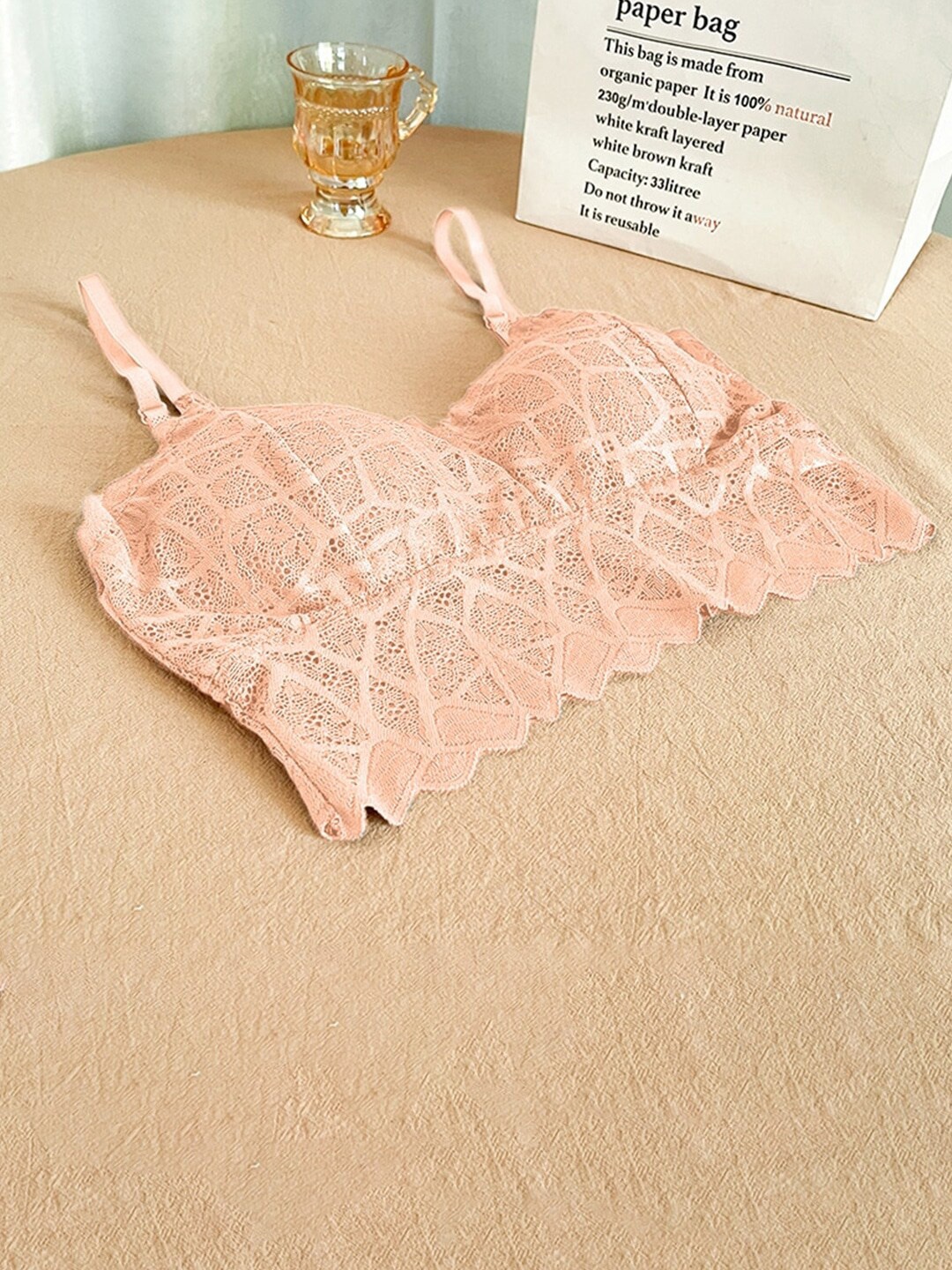 

VAGHBHATT Peach-Coloured Floral Bralette Bra Half Coverage Lightly Padded